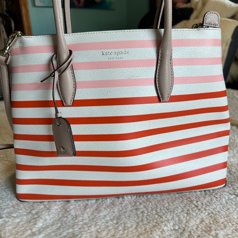 Kate Spade New York Striped Pebbled Leather Satchel – Pink, Red & White